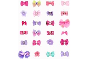 CUTEABC Dog Hair Bows, 24 Pieces Puppy Hair Bows with Rubber Bands,Small Dogs Hair Accessories Dog Bows for Ears,Lace Organza Puppy Bows Rhinestone Pearls Dog Hair Ties Dog Hair Grooming Accessories