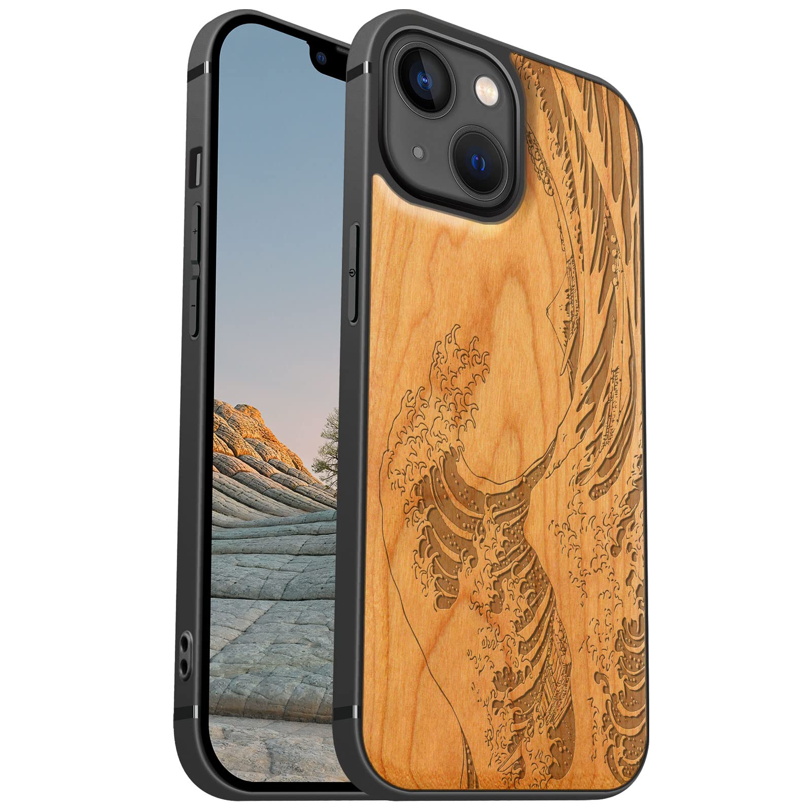 Carveit Magnetic Wood Case for iPhone 13 Case [Hard Real Wood & Soft TPU] Shockproof Protective Cover Wooden Design Bumper Case Compatible with MagSafe (Wave Kanagawa-Cherry)
