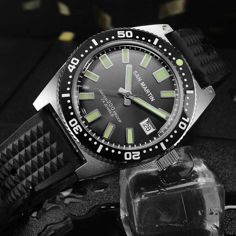 BINGABSFW 62MAS Men Automatic Watch Stainless Steel Diving Watch 200m Water Resistant Ceramics Bezel San Martin Fashion Wristwatch
