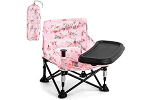 ASKCAT Booster Seat for Kitchen Chair with Removable Tray, Portable Foldable Baby Chair for Babies 6-36 Months, Indoor Outdoor Toddler Camping Chair (Pink Floral Design)