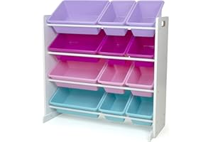 Humble Crew Kids Toy Storage Organizer with 12 Plastic Bins, White/Pink/Purple/Turquoise – Removable Bins for Playroom, Bedroom, Toddler Furniture for Boys and Girls Ages
