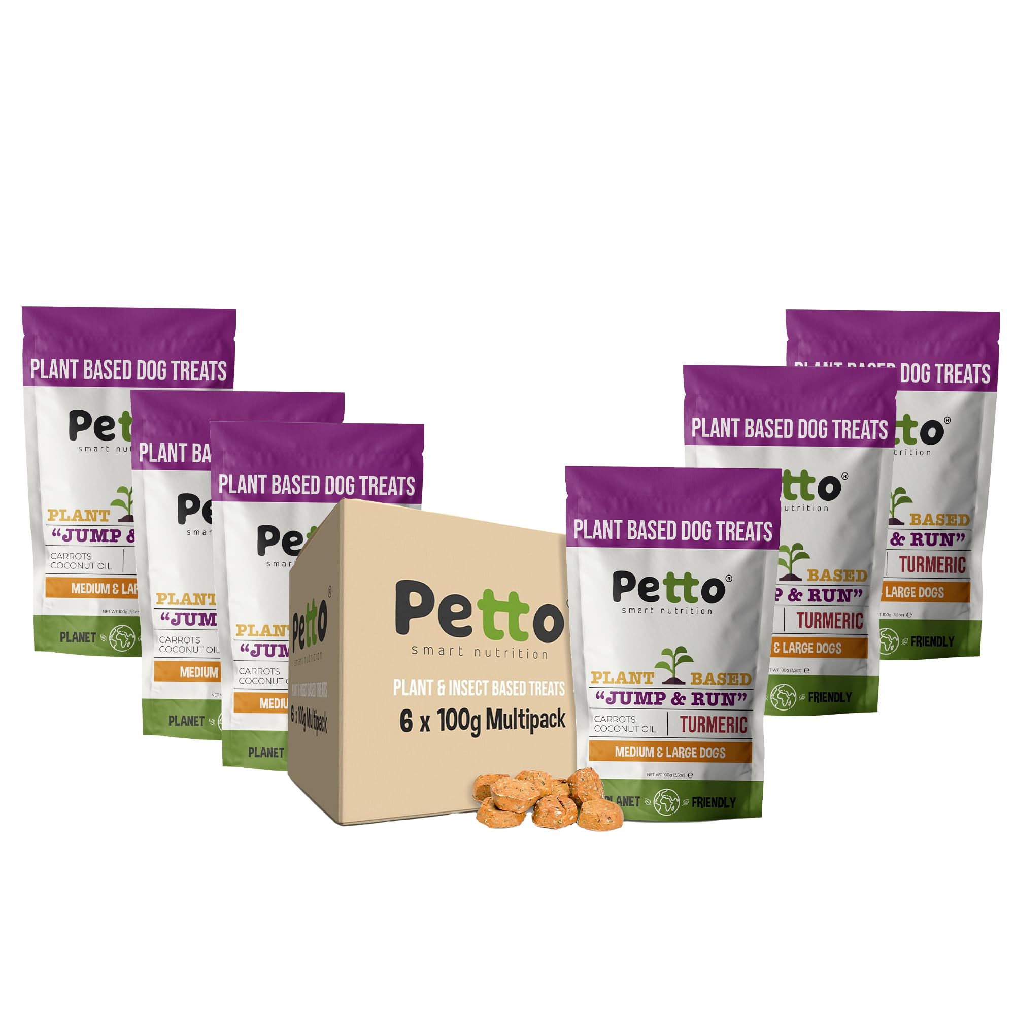 Petto Plant-Based Hypoallergenic Dog Treats 6 x 100g | Healthy & Meat-Free Training Bites | Human Grade & Bakery Made with Carrots, Coconut Oil & Turmeric
