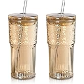 Joeyan 22 oz Amber Glass Tumbler with Straw and Lid for Iced Tea Coffee Smoothie Water Juice Beverages Soda,Ribbed Glasses Cups,Borosilicate Drinking Jar,Set of 2,Dishwasher Safe