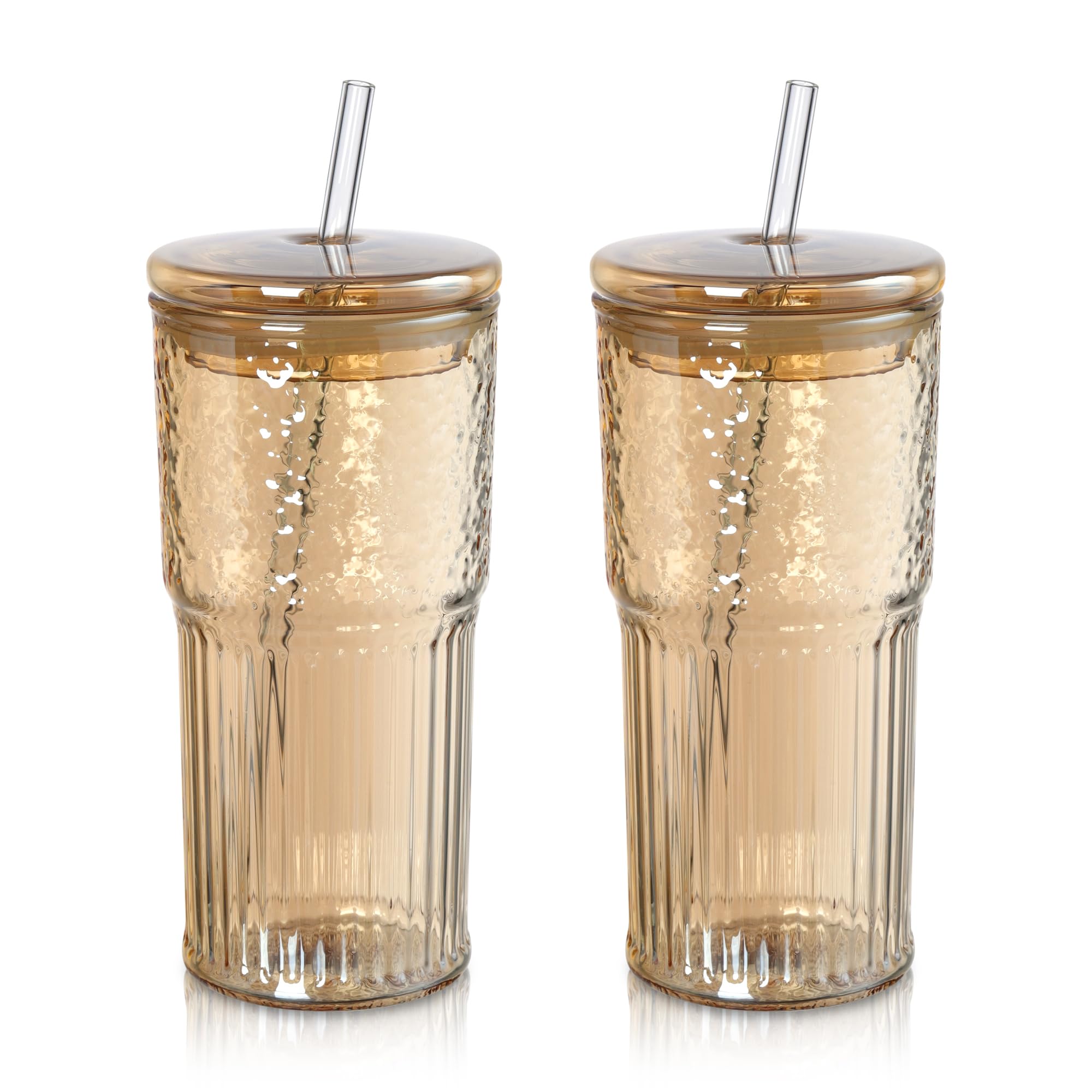 Joeyan 650ml Amber Glass Tumbler with Straw and Lid for Iced Tea Coffee Smoothie Water Juice Beverages Soda, Ribbed Glass Cup, Borosilicate Glass Drinking Jar, Set of 2, Dishwasher Safe