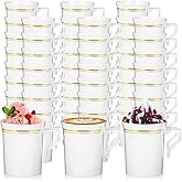 Caeuiciw 48 Pcs Plastic Coffee Cups with Rim, 8 oz Heavyweight Gold Rimmed Tea Cups, Plastic Hot Cold Beverage Drinkware for Weddings Cafe Bridal Shower Engagement Party Camping Travel, White