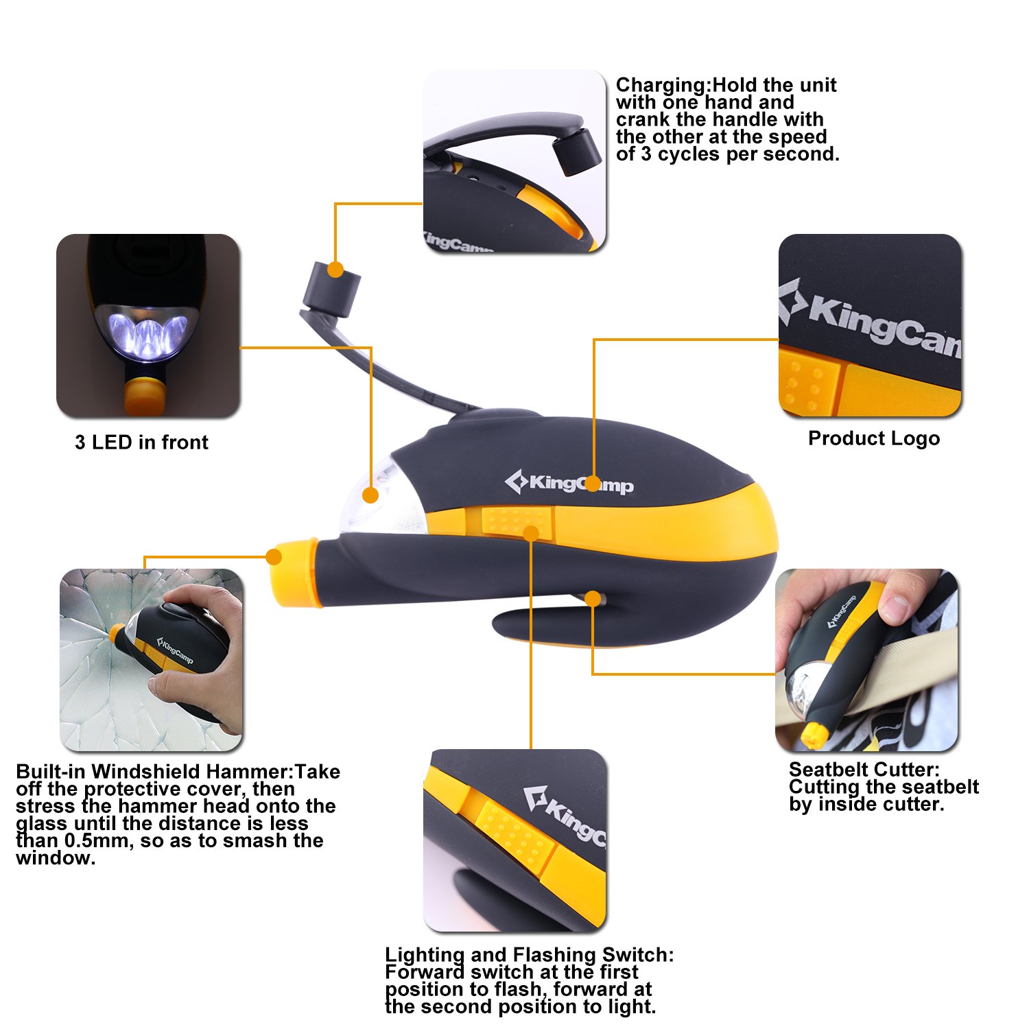 KingCamp 3 IN 1 Emergency Auto Safety Tool, 3LEDs Light, Built-in Windshield Hammer, Seatbelt Cutter, Good Tool Used For Car