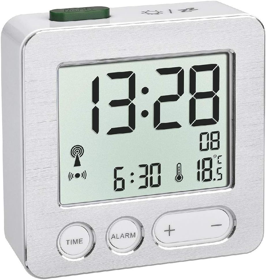 TFA Dostmann 60.2545.54 Digital radio-controlled alarm clock, plastic, white/silver, L 66 x W 22 x H 68 mm