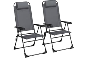 TLSUNNY Folding Patio Chairs Set of 2, Outdoor Lawn Chair w/ 5 Level Adjustable Teslin Back, Removable Headrest, Ergonomic Ar