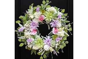 Bibelot 24 Inch Spring Wreath for Front Door, Artificial Spring Summer Floral Wreath with Dahlia Hydrangea Orchid for Home Wa