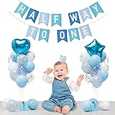 Half Way To One Baby Boy,Soft pale blue boy 1/2 birthday balloon party decoration, Half Way To One Banner,Star Heart Foil Balloons Banner Set