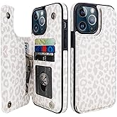 HAOPINSH for iPhone 13 Pro Max Wallet Case with Card Holder, White Leopard Cheetah Pattern Back Flip Folio PU Leather Kickstand Card Slots Case for Women Girls, Double Magnetic Shockproof 6.7"