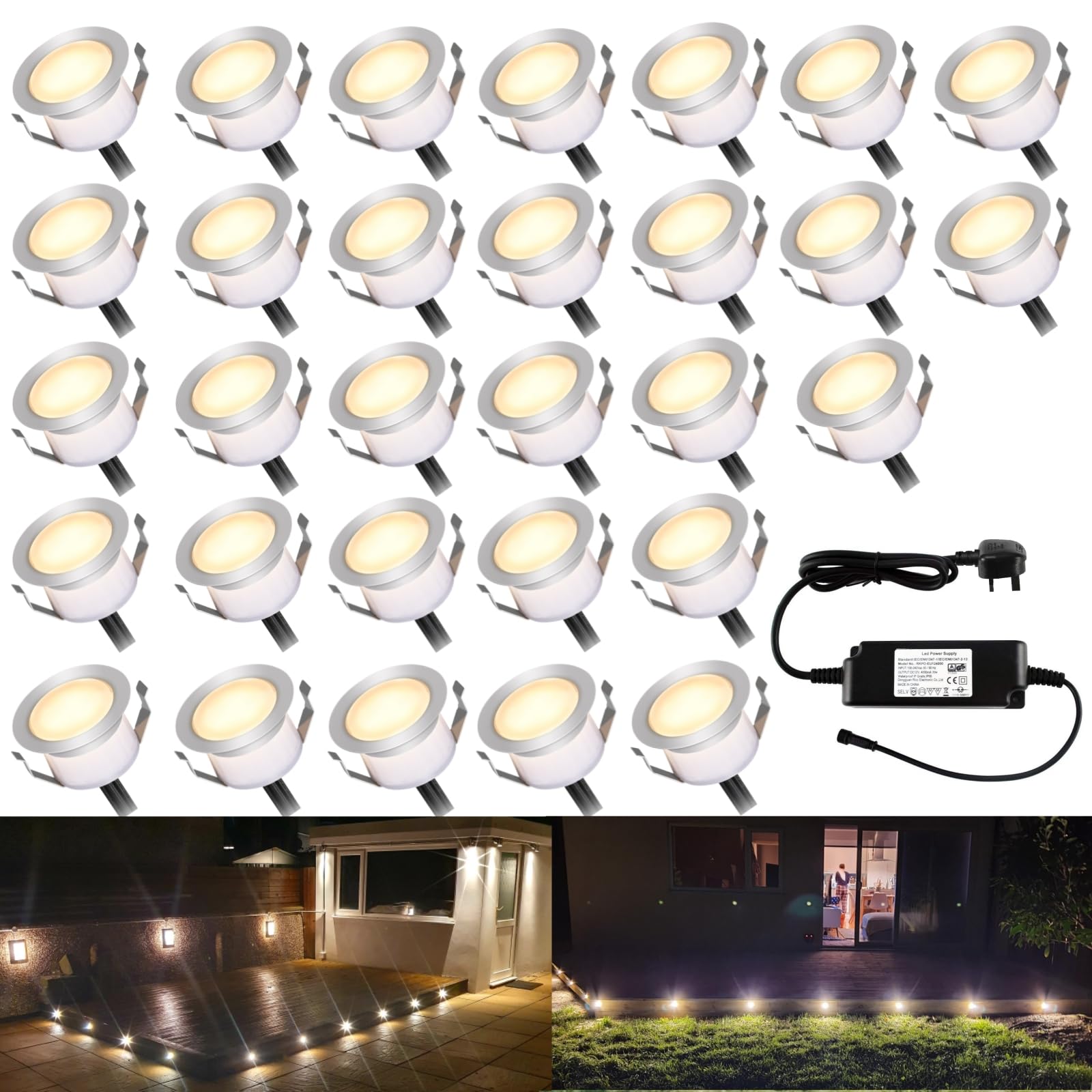 INDARUN Warm White Led Decking Lights Waterproof IP67 1W Ø45MM - Lighting for Terrace/Patio/Path/Wall/Garden/Decoration, 30 Packs