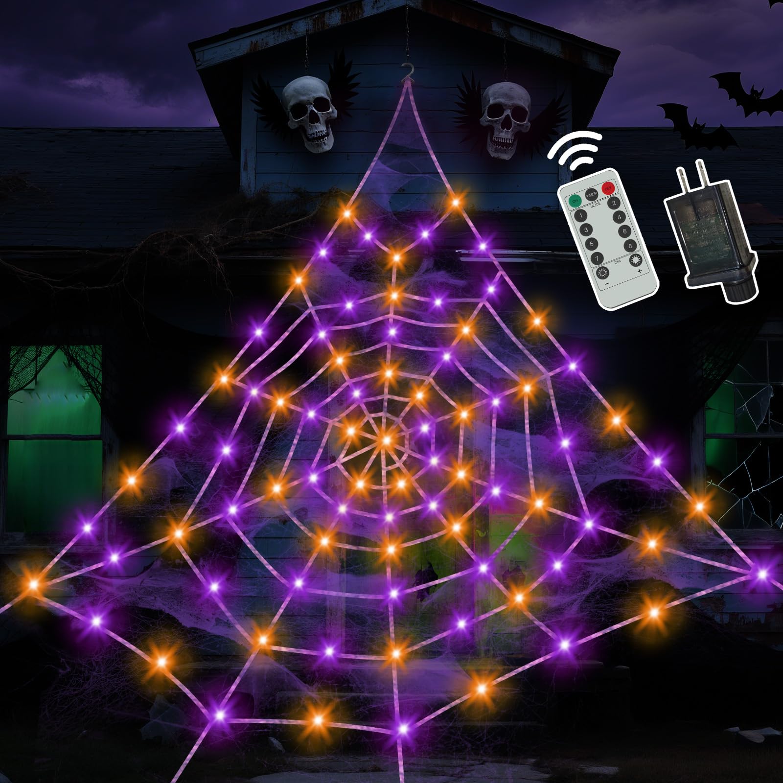 Photo 1 of Spider Webs Halloween Decorations Outdoor, 260 Purple and Orange with 8 Modes Waterproof, Spider Web Decoration Outdoor Halloween Decor