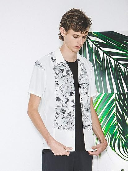 Amazon 5351プール オム 5351 Pour Les Hommes トップス モノクロフローラル 半袖 アロハシャツ メンズ ホワイト 46 M シャツ 通販