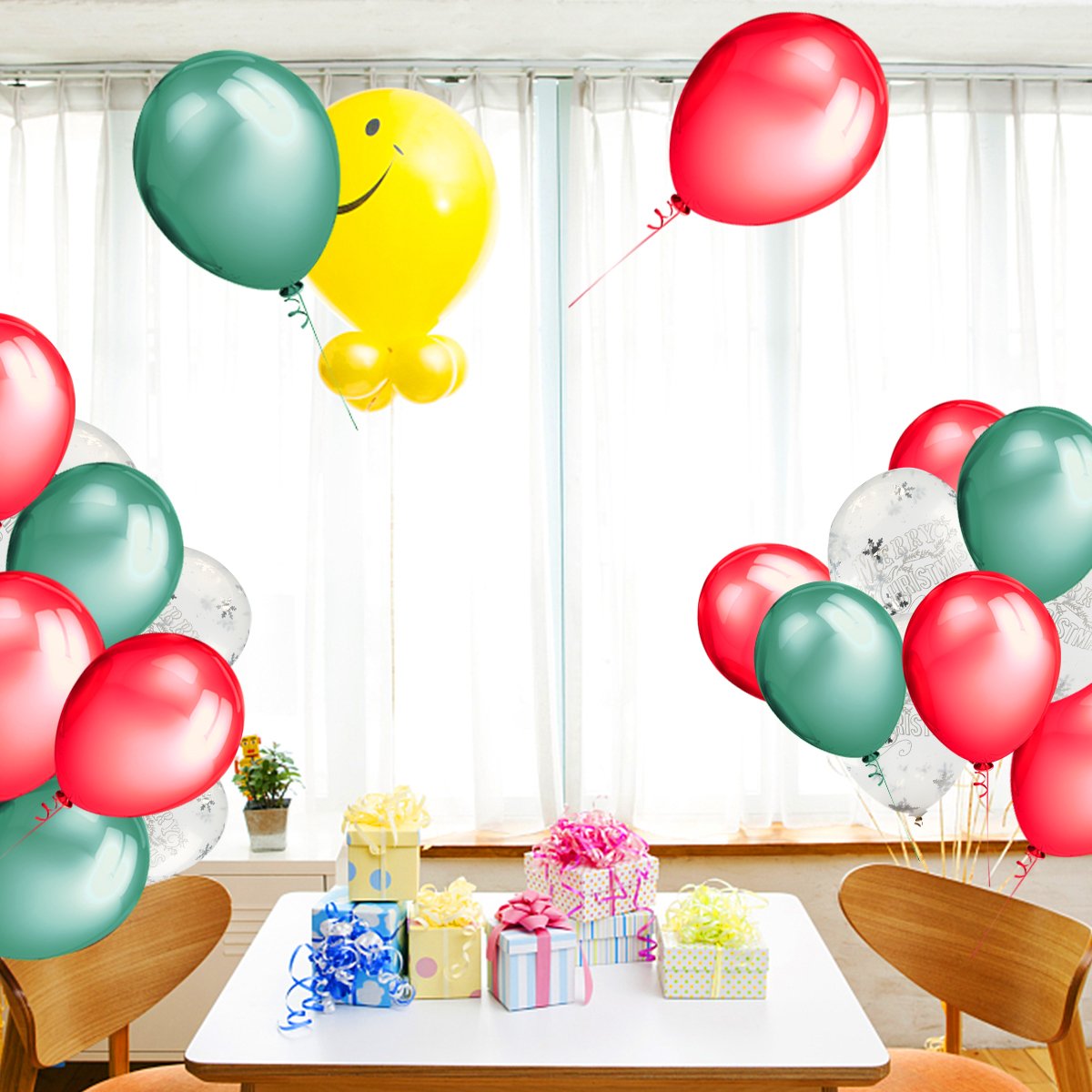 15 pcs Merry Christmas Printed White Snowflakes Confetti Balloons with 12 inches Green and Red Latex Party Balloons (30 Pcs) For Christmas Winter Wonderland Decorations Ornaments Party Supplies