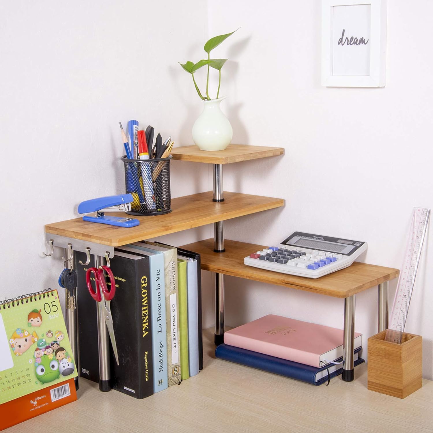 Olive Upgarde 3 Tier Desktop Organizer Office Kitchen Corner Shelf Unit Spice Rack Adjustable Bamboo Storage Rack, Bamboo Freestanding Counter top Display Shelf Plant Rack (with Hooks): Kitchen & Dining