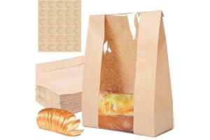FULGIVATE 30 pack bread paper bags with window, including 30 homemade bread storage label seal stickers (13.7x8.3x3.5 inches)