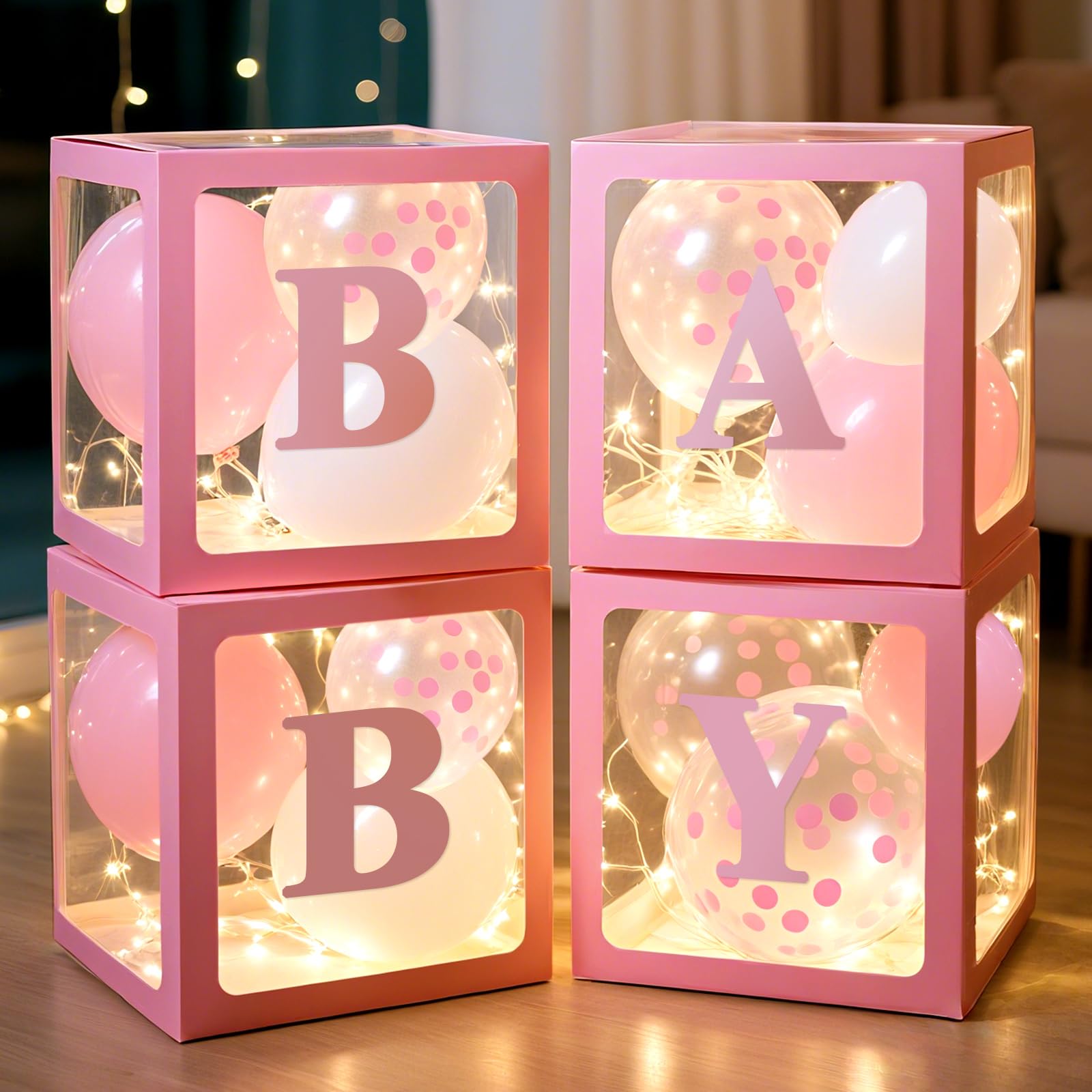 Photo 1 of Ledido Baby Boxes with Letters for Baby Shower Decoration, 4 pcs Clear Baby Balloon Boxes Blocks with LED Fairy String Lights 38 Balloons for Boy Girl Gender Reveal Birthday Party (Pink)