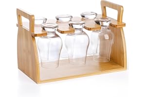 Jucoan Bamboo Whiskey Glass Rack, 6 Slots Whisky Tasting Glass Holder Carrier Drying Rack, Glasses not Included, No Assembly 