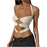 MakeMeChic Women's Sexy Halter Tops Going Out Cut Out Open Back Y2k Crop Top