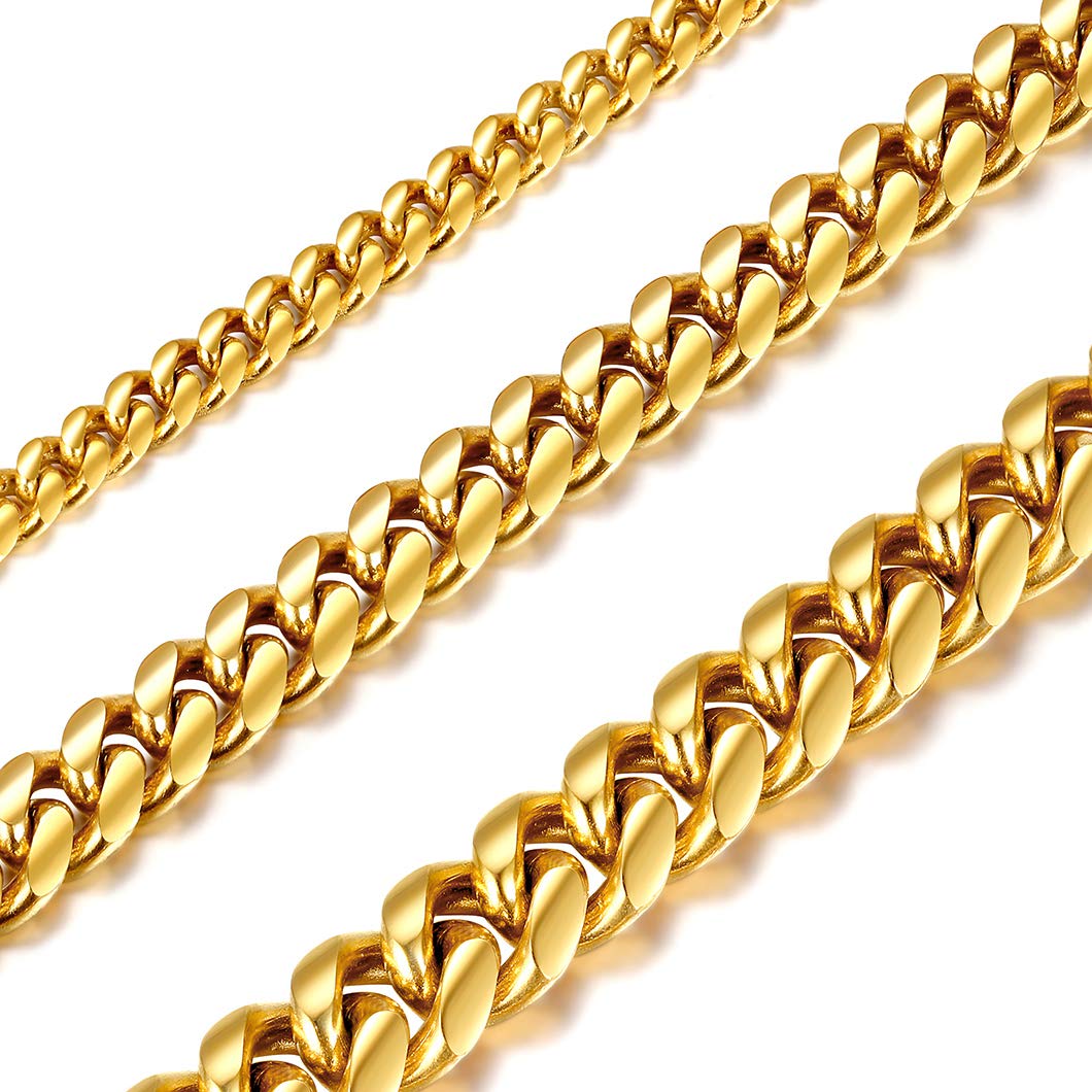 Compact Cuban Chain Necklace, 10MM Wide, 28 Inch(71CM) Length, Gift For Men/Women/Boys/Girls, 18K Gold Plated Stainless Steel Jewelry Close-knit Curb Choker Necklace (Gift Packaging), RN20103K-10-28