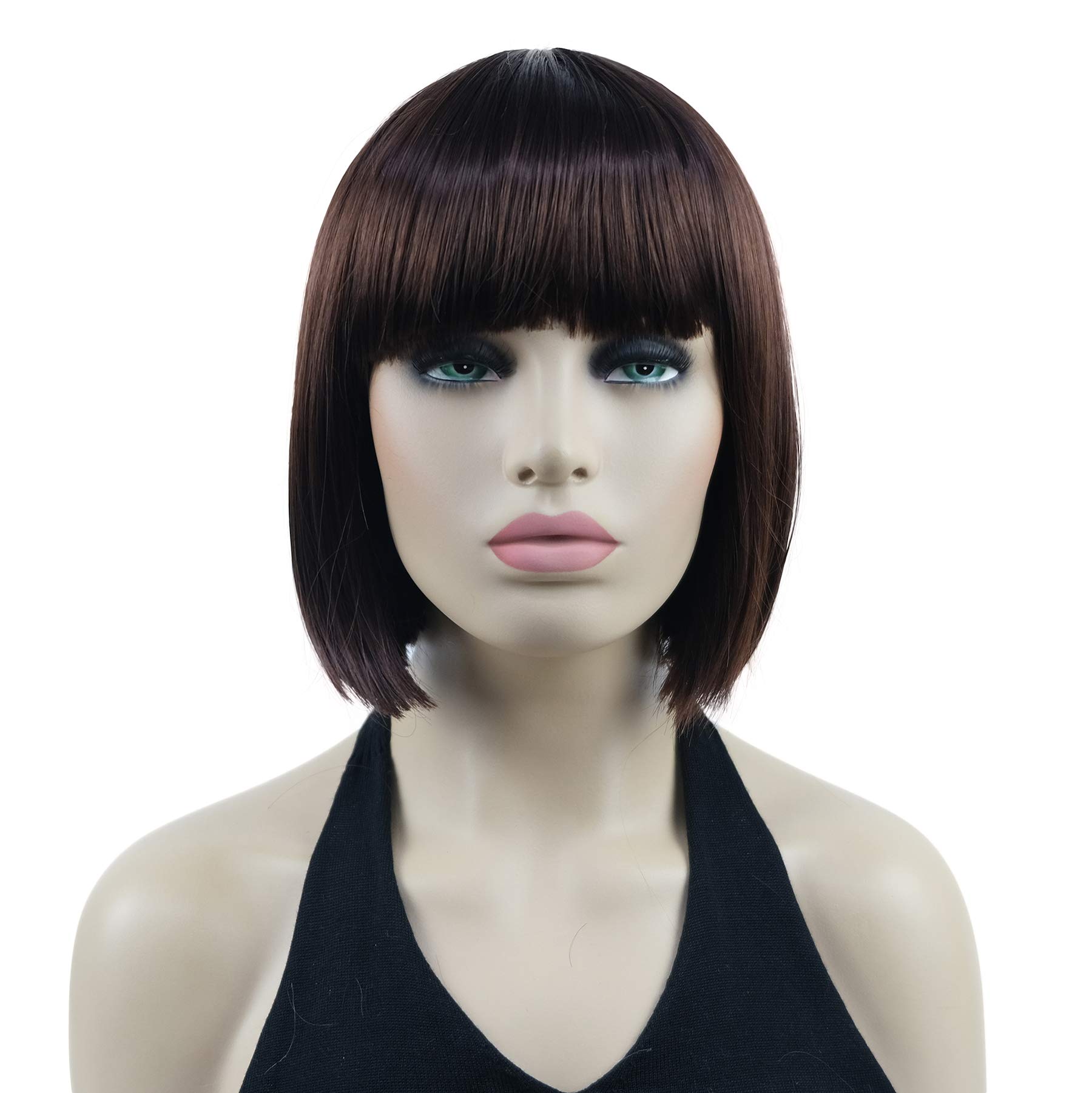 Lydell 8" Short Bob Hair Flat Bangs Cute Central Dot Skin Top Heat Resistant Synthetic Wigs (33 Dark Auburn)