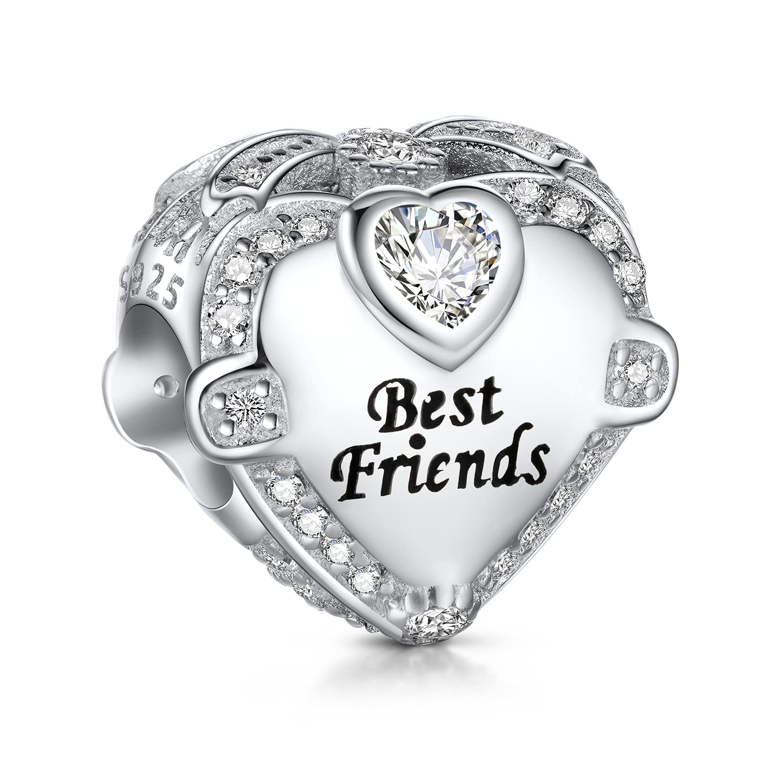 NINGAN Family Charm for Pandora Bracelet - Mothers Day & Birthday Gifts for Women 925 Sterling Silver Heart Cubic Zirconia Bead for Necklace (Best Friends)