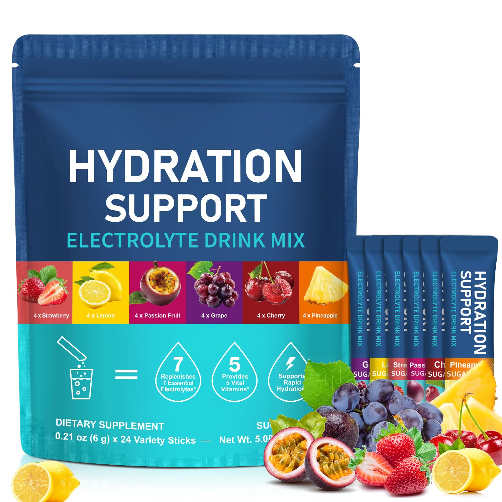 Elektrolyte Pulver Hydration 24 Beutel, 7 Essenzielle Mineralstoffe & 5 Vitamine, schnelle Flüssigkeitszufuhr, schnelle Flüssigkeitszufuhr, Zuckerfreie Hydratationspäckchen 6 Geschmacksrichtungen 2