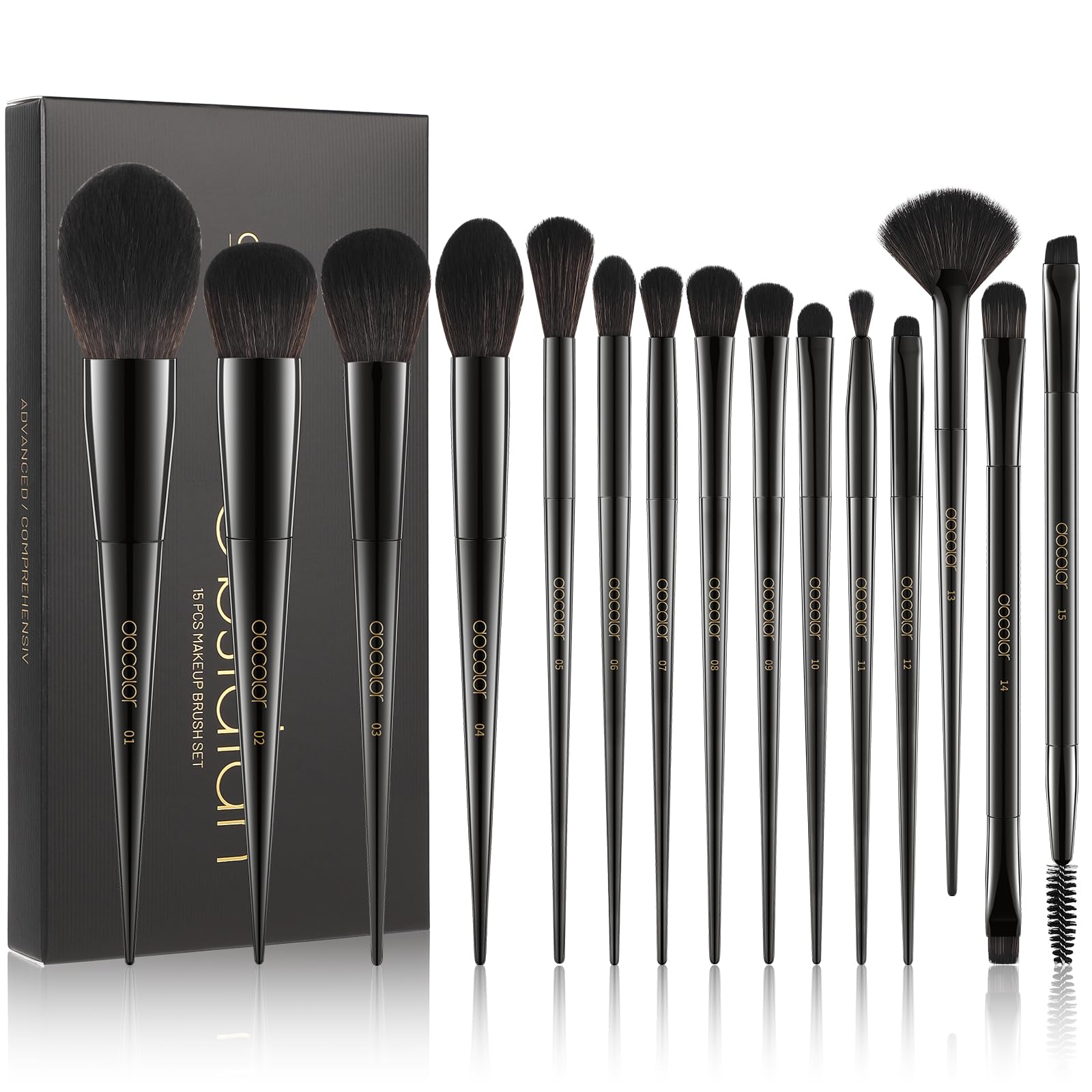 Docolor Makeup Brushes 15 Pieces Professional Makeup Brushes Set Premium Synthetic Hair Kabuki Face Blush Eyeshadow Eyeliner Foundation Powder Cosmetic Make Up Brushes Kit,Black Obsidian Series