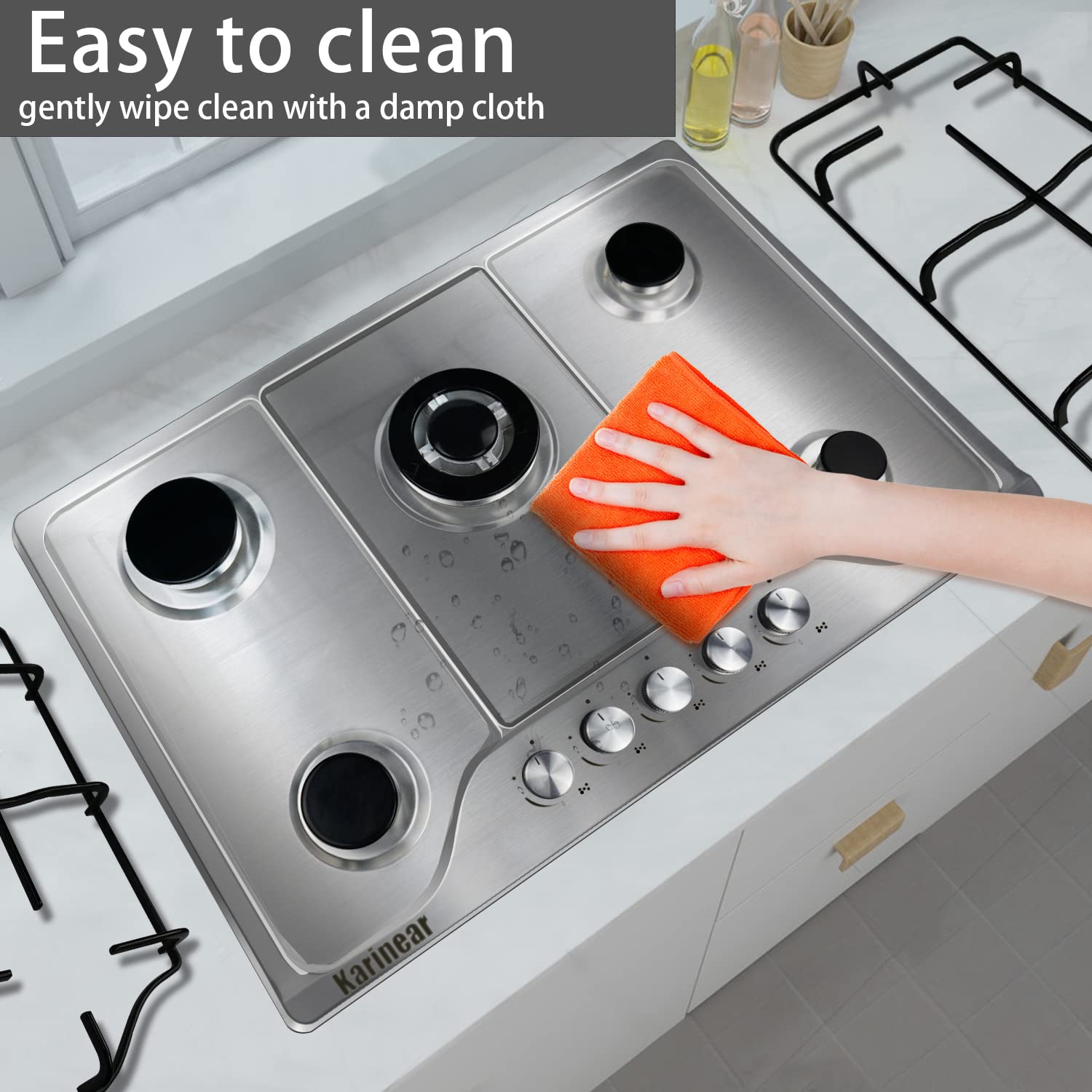 Karinear Gas Stove Cooktop 30 Inch 5 Burners, Built-in Stainless Steel Gas Hob, NG/LPG Dual Fuel Stovetop with Thermocouple Protection for Apartments, Indoor (Come with Pressure Regulator)