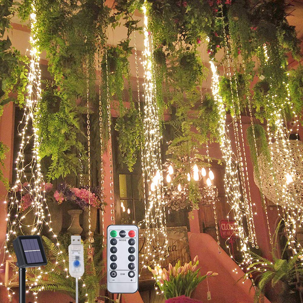 Flintronic Solar Fairy Waterfall Lights - 10 Strands/200 LEDs, 8 Flashing Modes, USB Powered, IP65 Waterproof Copper Wire, Remote Controlled Timer/Hooks (Warm White)