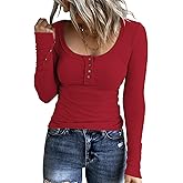 KINLONSAIR Women’s Long Sleeve Henley T Shirts Button Down Slim Fit Tops Scoop Neck Ribbed Knit Shirts