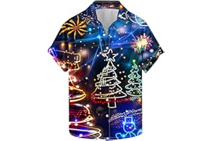 Mens Short Sleeve Christmas Graphic Shirts Novelty 3D Xmas Tree Santa Graphic Collared Button Down Hawaiian Shirt