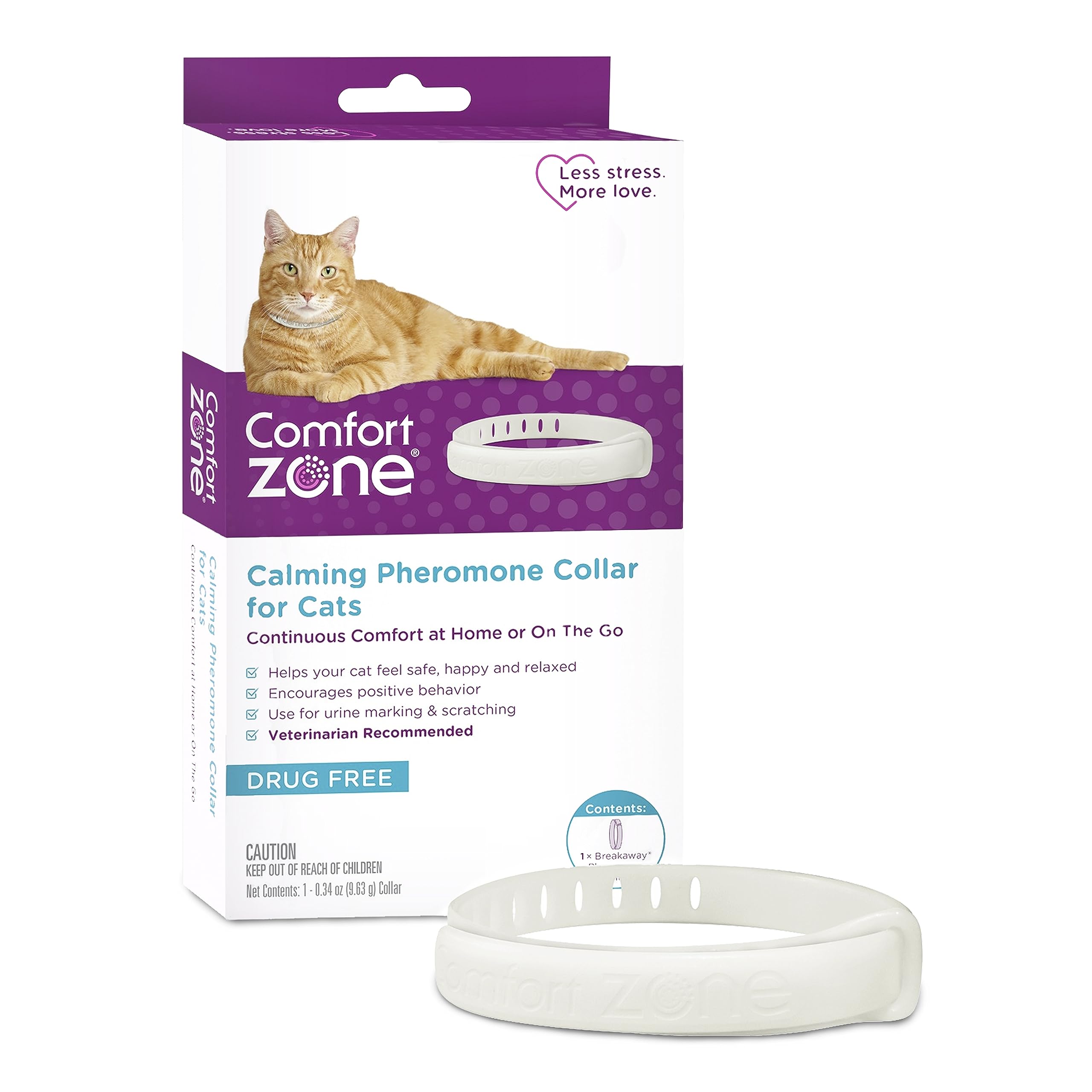 Comfort Zone Cat Calming Pheromone Collar, Anxiety and Stress Relief Aid, Breakaway Design,White