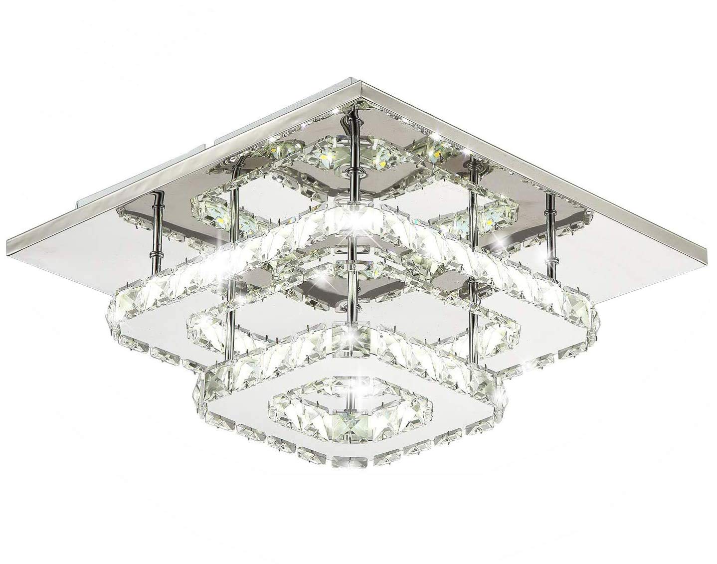 Lhome Modern Crystal Ceiling Light, 2-Square Chandelier Lamp Cool White LED Flush Mount Crystal Pendant Lighting Fixture for Bedroom, Hallway, Bar, Kitchen, Hotel, Restaurant, Living Room