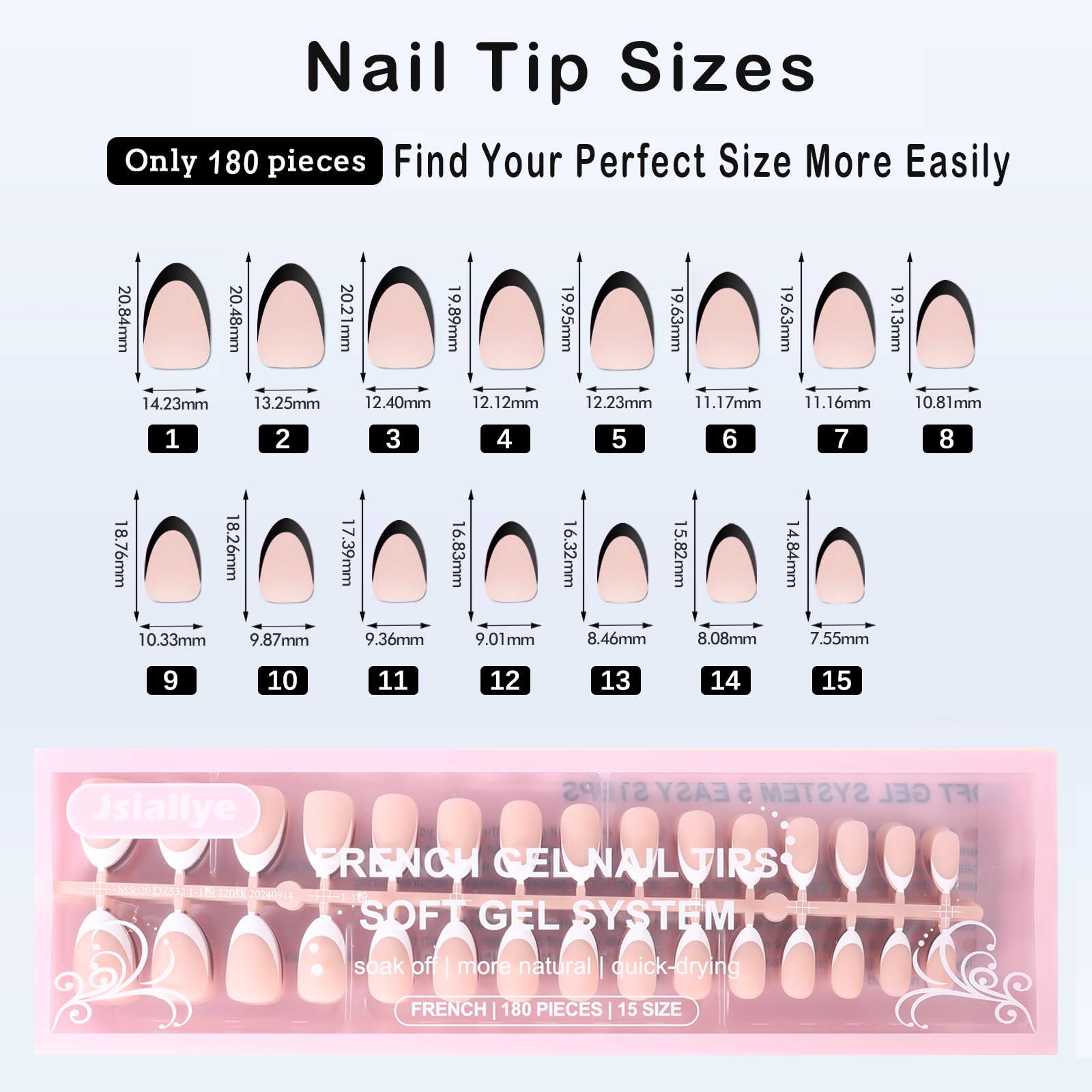 Jsiallye 6 Packs 180pcs French Tip Press on Nails Short Almond - French Soft Tip Nails Gel Pre-shaped No File Need,Soak Off Acrylic Fake Nails Extensions for Women Nail Art DIY 15 Sizes - Image 6