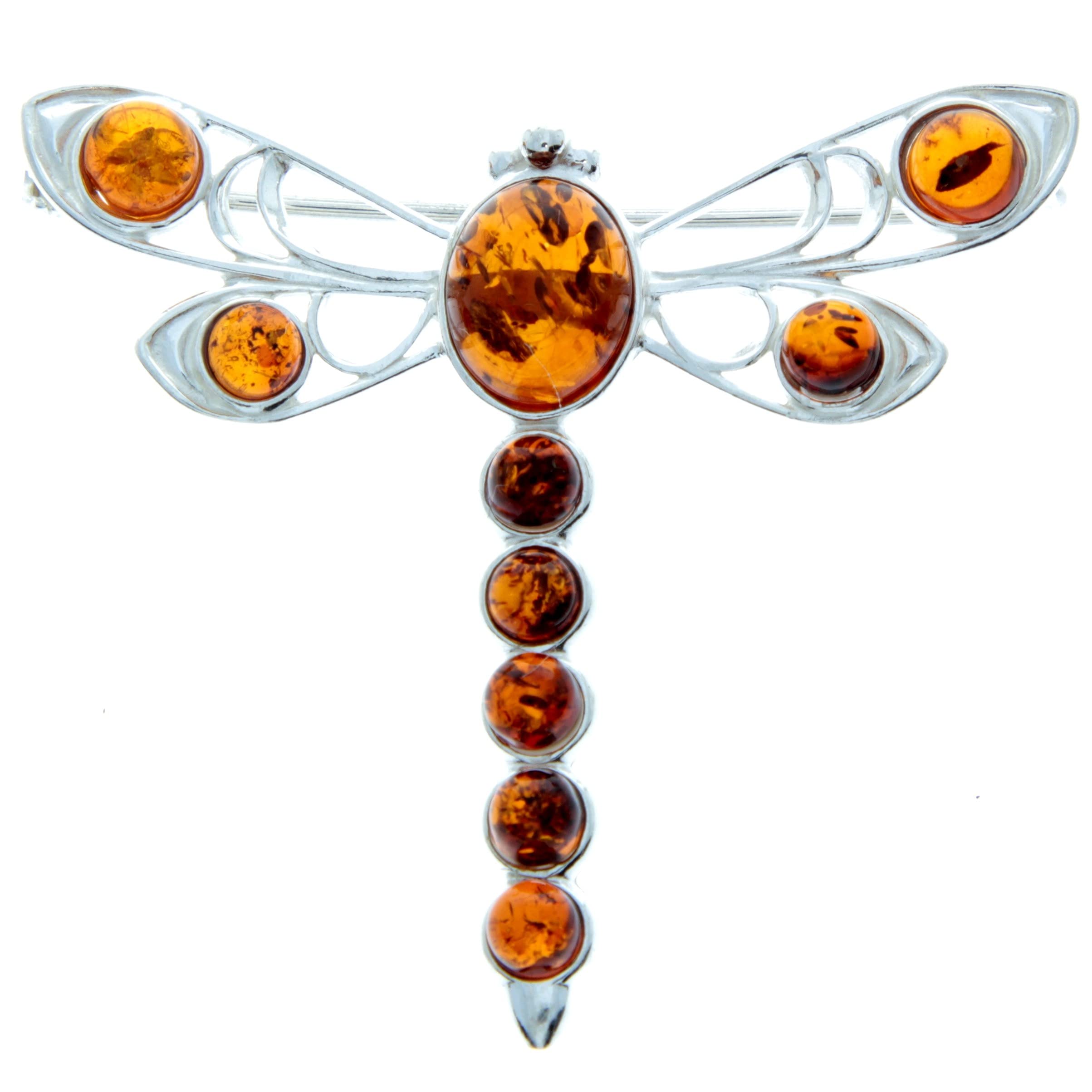 SilverAmber Jewellery 925 Sterling Silver & Genuine Baltic Amber Cognac Colour Dragonfly Brooch 4032C