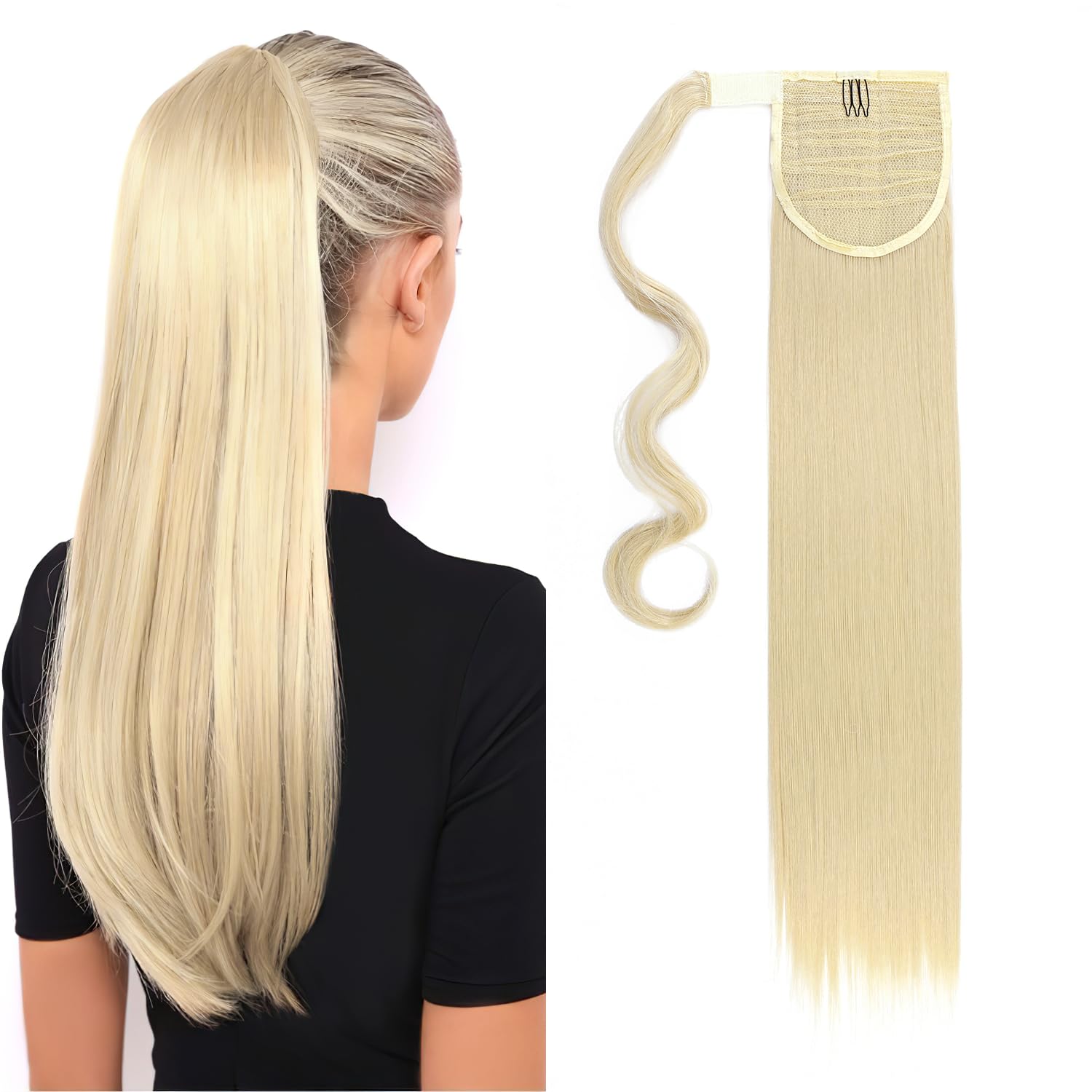 S-noilite® 23" Clip in Hair Extensions Wrap Around Ponytail Long Straight Hairpiece (23 inches, Bleach Blonde)