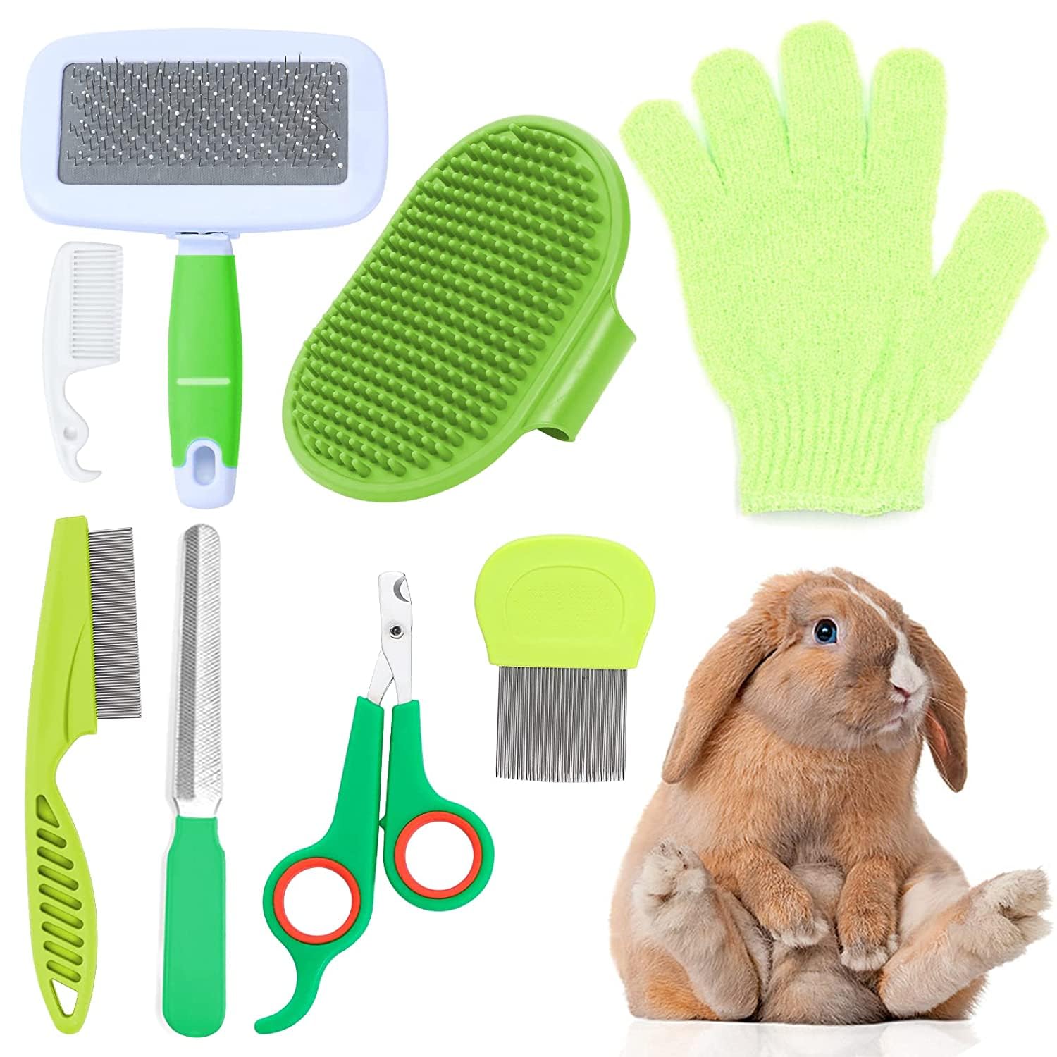 MIAOZ Rabbit Care Set with Nail Clippers and Trimmer, Pet Hair Remover, Long and File, Flea Comb, Shampoo Bath Brush for Rabbits, Puppies, Kittens, Guinea Pigs, Ferrets, Small Animals (Green)