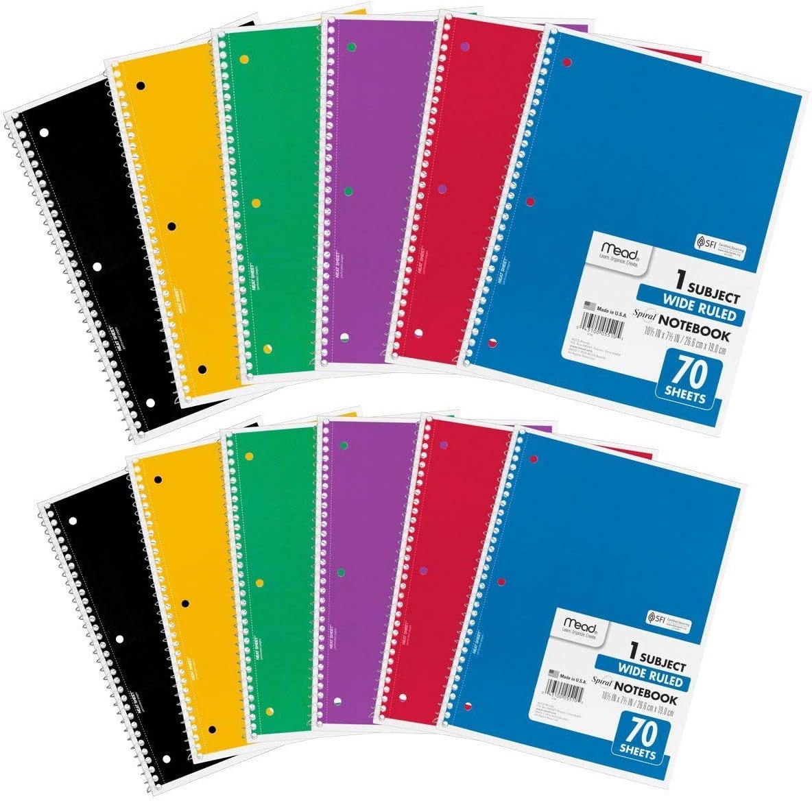 Mead Spiral Notebooks, 1 Subject, Wide Ruled Paper, 70 Sheets, Colored Note Books, Lined Paper, Home School Supplies for College Students & K-12, 10-1/2