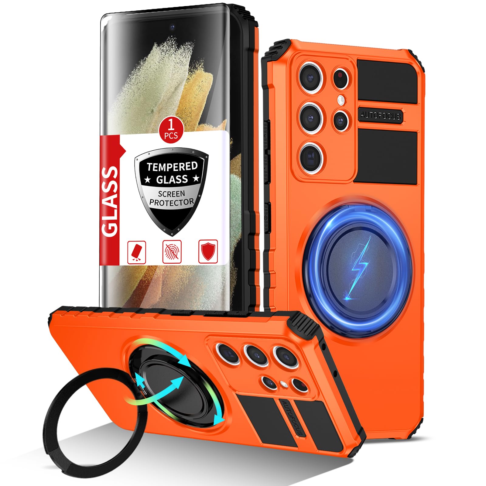Photo 1 of IYTRRYH for Samsung Galaxy S21 Ultra Case Compatible Wireless Charging Magnetic,with Screen Protector,for S21Ultra Phone Case with Kickstand Ring Military Grade Shockproof Heavy Duty Protection Orange