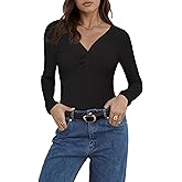 OULESIS Womens Long Sleeve Ribbed Sweater Twist Knot V Neck Lightweight Casual Knit Slim Fitted Fall Pullover Tops