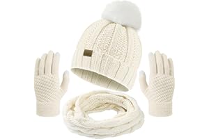 Passionbility Winter Beanie Hat Circle Scarf Touchscreen Gloves Set, Snow Knit Skull Cap, Warm Thick Fleece Lined Neck Warmer