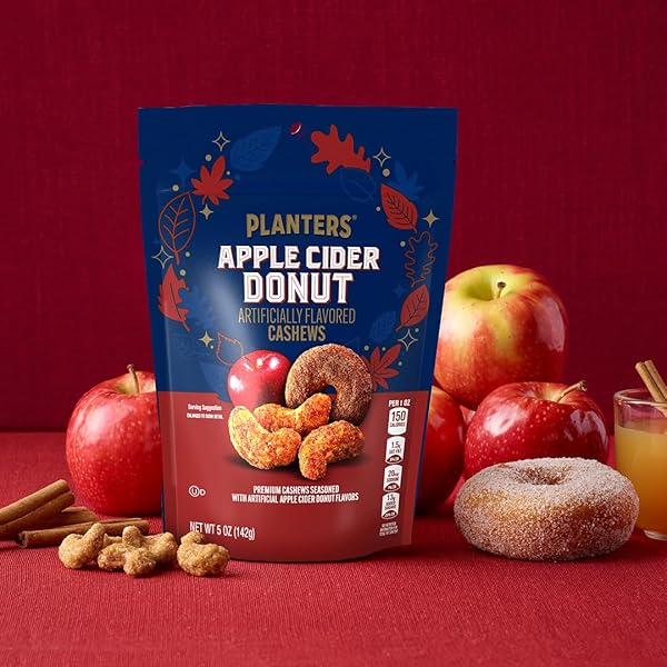 PLANTERS APPLE CIDER DONUT CASHEWS, COOKING & BAKING NUTS & SEEDS, FLAVORED CASHEWS, FALL SNACKS, CASHEW, PARTY SNACK, PLANT-BASED PROTEIN, 5 OZ BAG