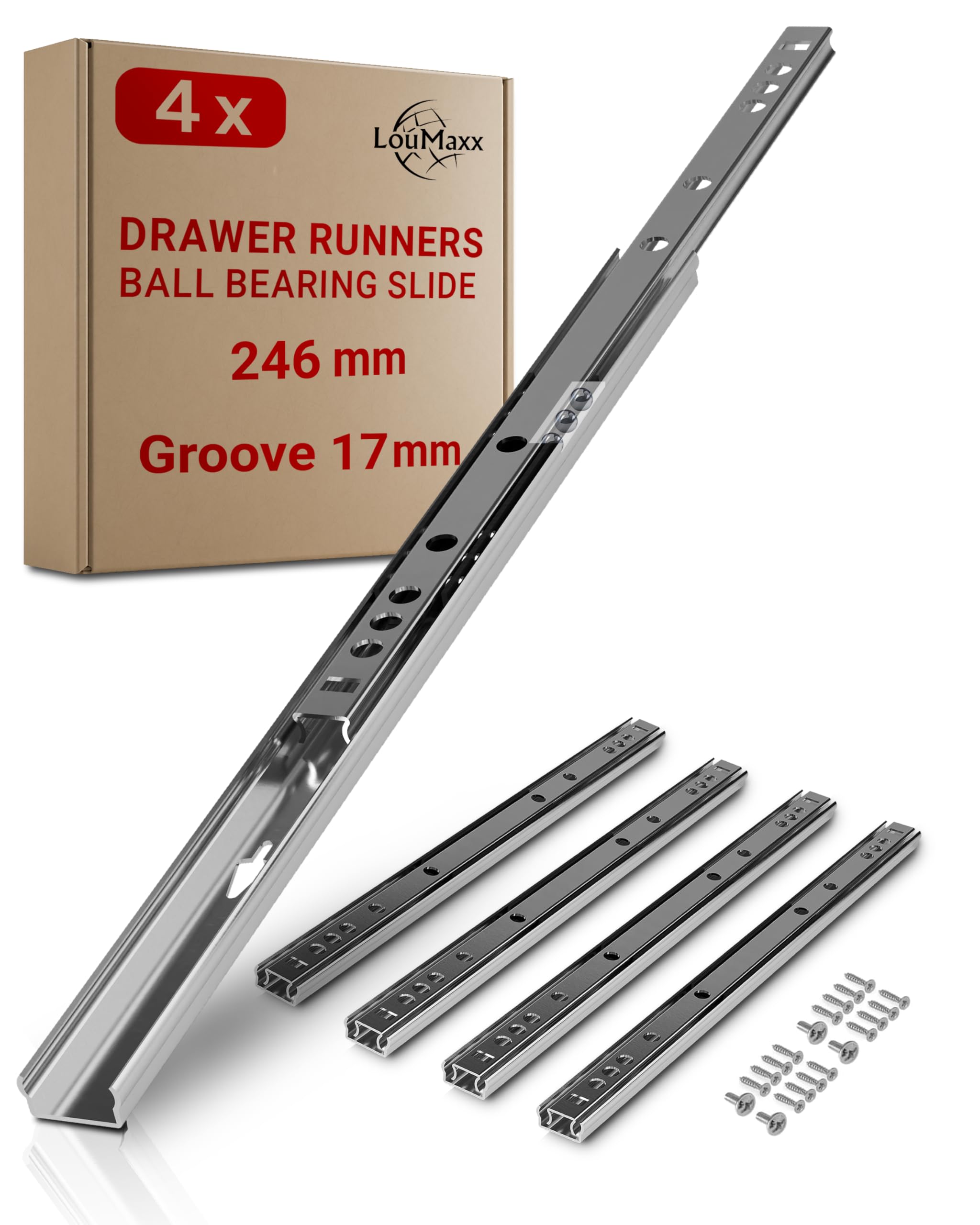LouMaxx Drawer Runners 17mm Groove [4 Pack] - 246mm Cabinet Drawer Slides - Ball Bearing Drawer Runners - Suitable Replacement IKEA, MFI - Screws Included