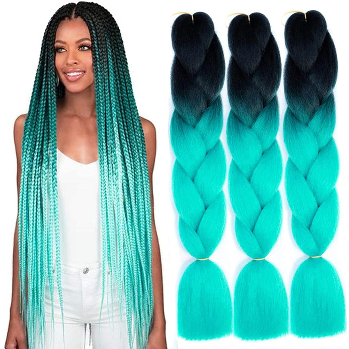 Colorful panda Jumbo Braid Heat Resistant Synthetic Hair Braiding Extensions For Women Girls Cosplay Party Crochet Twist Braiding Hair 24 Inch 3PCS Black/Turquoise