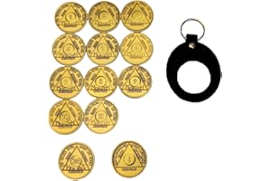 GENERIC Set of Bronze AA Coins and Keychain Holder | Sobriety Chips for Month 1-11, 1 Year, 24-Hour | Sober Recovery Gift of AA Medallions with Serenity Prayer | Alcoholics Anonymous, Celebrate Recovery, NA