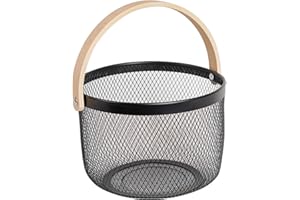 SANHSEHOME Metal Mesh Steel Basket, Garden Harvest Basket for Gathering Vegetables Round Wire Basket with Handle Storage Organizer Multi-functional Fruit Basket Bin for Kitchen Bathroom Picnic Black