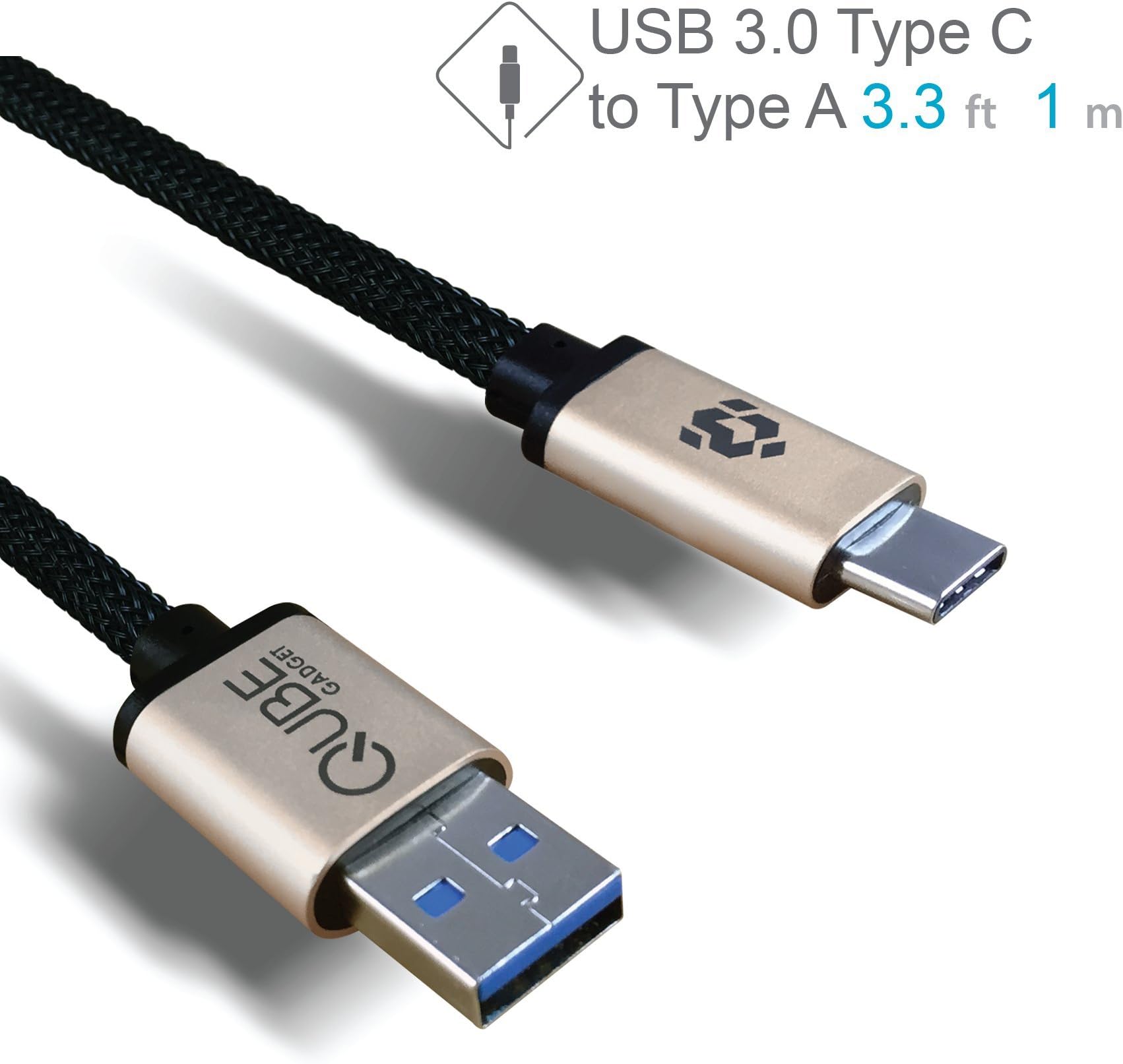 USB Type C to USB Type A 3.0 Cable by Qube Gadget- in aluminum casing & fiber-braided - 3.3FT/1M (Gold)