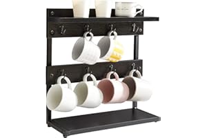 IBUYKE Rustic Coffee Mug Holder Stand, 2 Tier Countertop Mug Tree Holder Rack with Storage Base, Vintage Mug Holders for Kitc